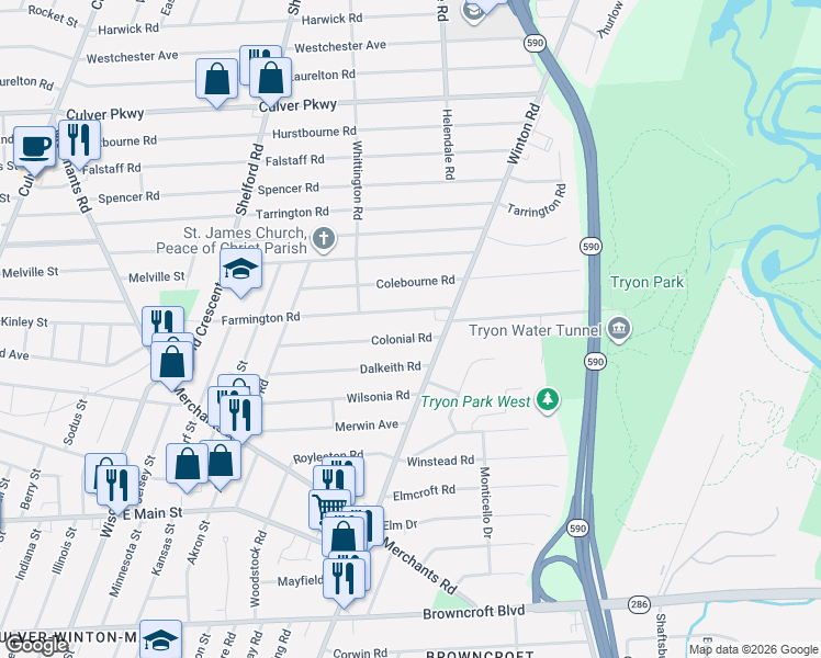 map of restaurants, bars, coffee shops, grocery stores, and more near 351 Farmington Road in Rochester