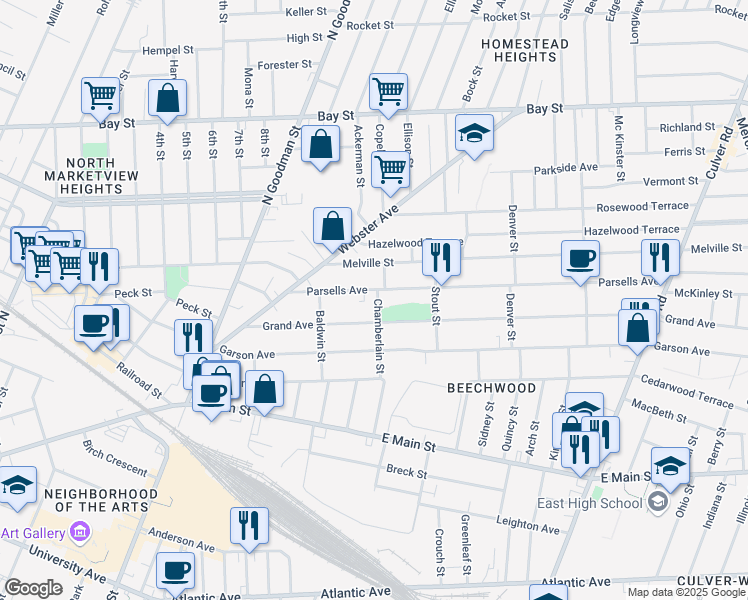 map of restaurants, bars, coffee shops, grocery stores, and more near 131 Parsells Avenue in Rochester