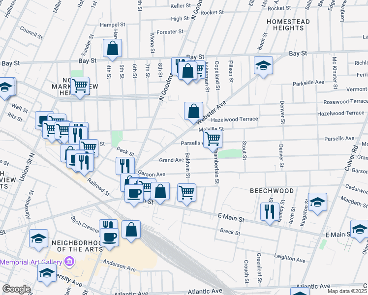 map of restaurants, bars, coffee shops, grocery stores, and more near 29 Parsells Avenue in Rochester