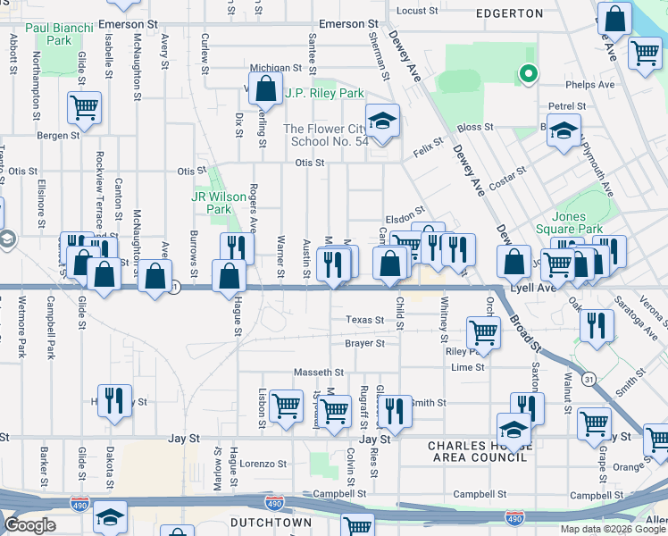 map of restaurants, bars, coffee shops, grocery stores, and more near 37 Myrtle Street in Rochester