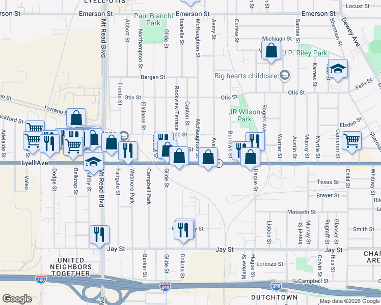 map of restaurants, bars, coffee shops, grocery stores, and more near 4 Waldo Street in Rochester