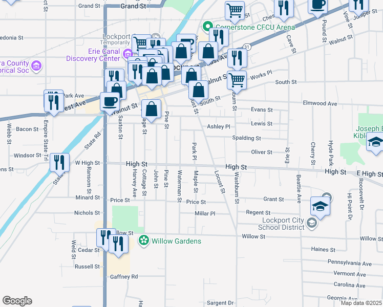 map of restaurants, bars, coffee shops, grocery stores, and more near 67 Waterman Street in Lockport