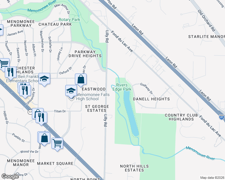 map of restaurants, bars, coffee shops, grocery stores, and more near W140N8128 Lilly Road in Menomonee Falls