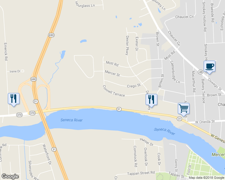 map of restaurants, bars, coffee shops, grocery stores, and more near 2223 Connell Terrace in Baldwinsville