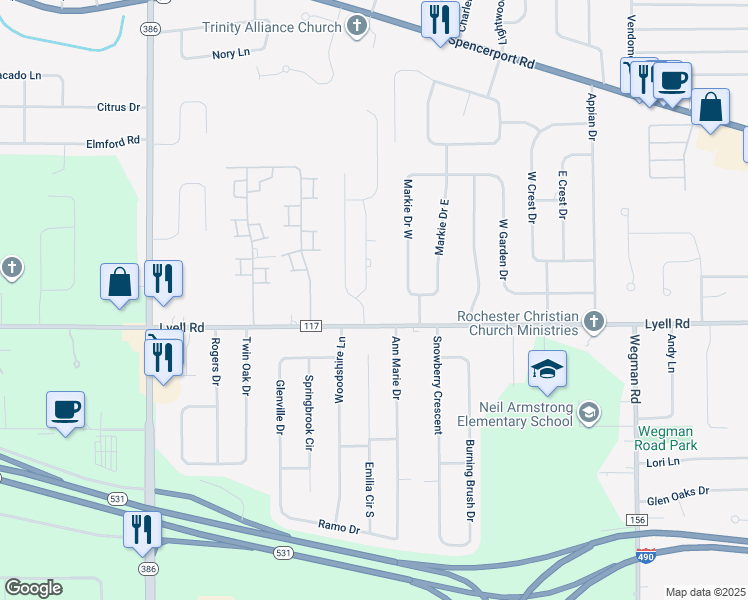 map of restaurants, bars, coffee shops, grocery stores, and more near 3546 Lyell Road in Rochester