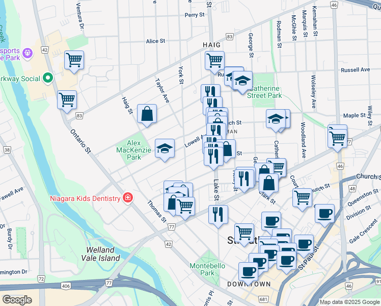 map of restaurants, bars, coffee shops, grocery stores, and more near 69 Chaplin Avenue in St. Catharines