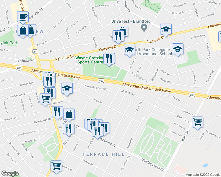 map of restaurants, bars, coffee shops, grocery stores, and more near 63 Metcalfe Crescent in Brantford