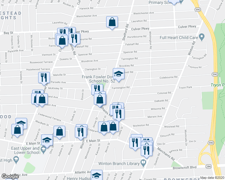 map of restaurants, bars, coffee shops, grocery stores, and more near 67 Farmington Road in Rochester