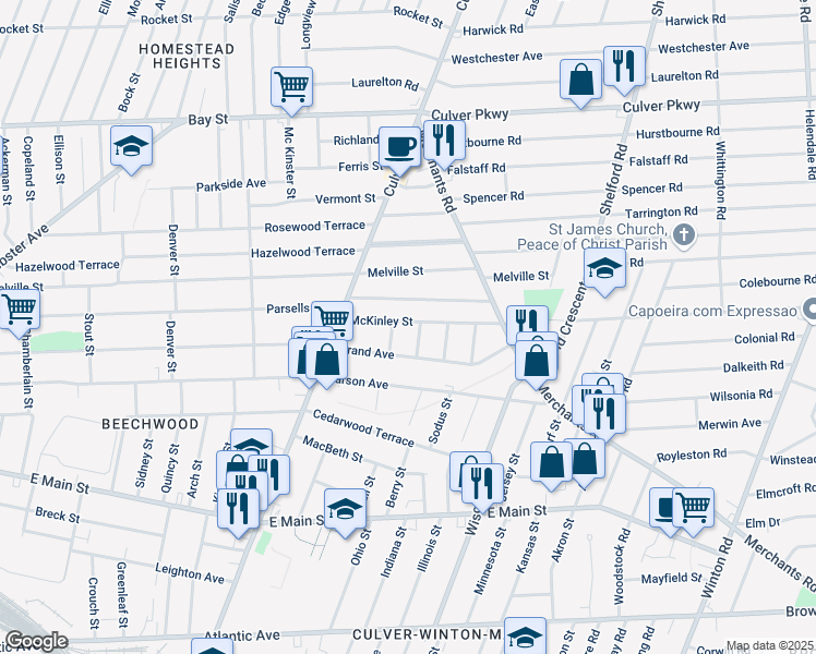 map of restaurants, bars, coffee shops, grocery stores, and more near 93 McKinley Street in Rochester
