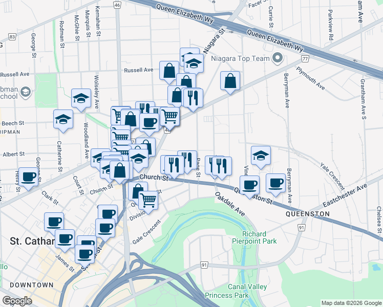 map of restaurants, bars, coffee shops, grocery stores, and more near 34 Davidson Street in St. Catharines