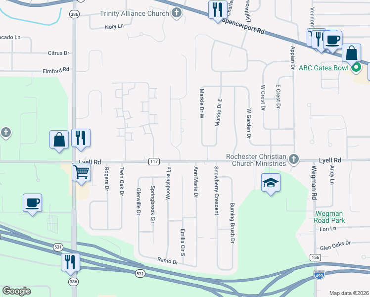 map of restaurants, bars, coffee shops, grocery stores, and more near 3546-3550 Lyell Road in Rochester