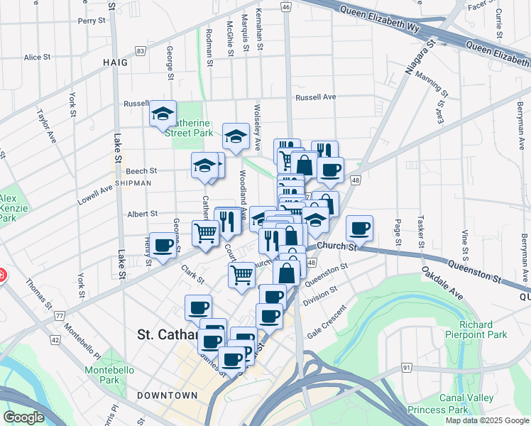 map of restaurants, bars, coffee shops, grocery stores, and more near 165 Welland Avenue in St. Catharines