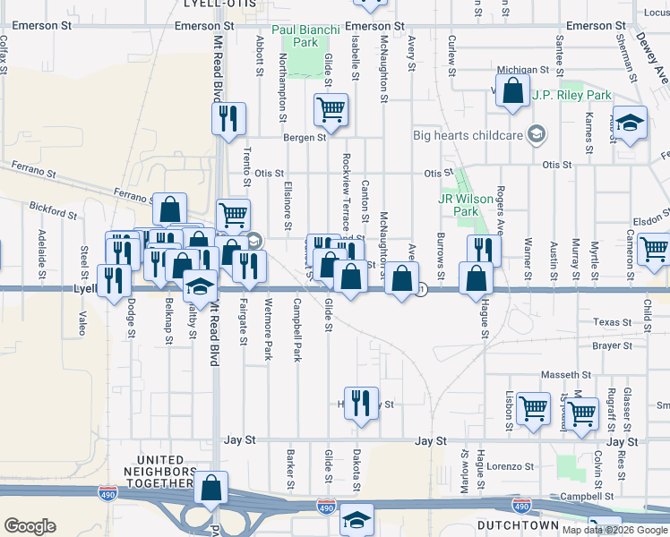 map of restaurants, bars, coffee shops, grocery stores, and more near 700 Glide Street in Rochester