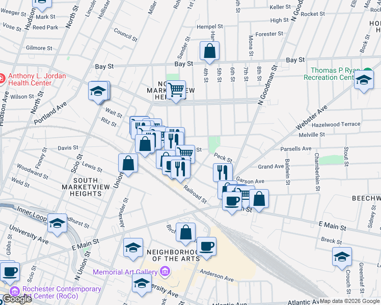 map of restaurants, bars, coffee shops, grocery stores, and more near 24 Garson Avenue in Rochester