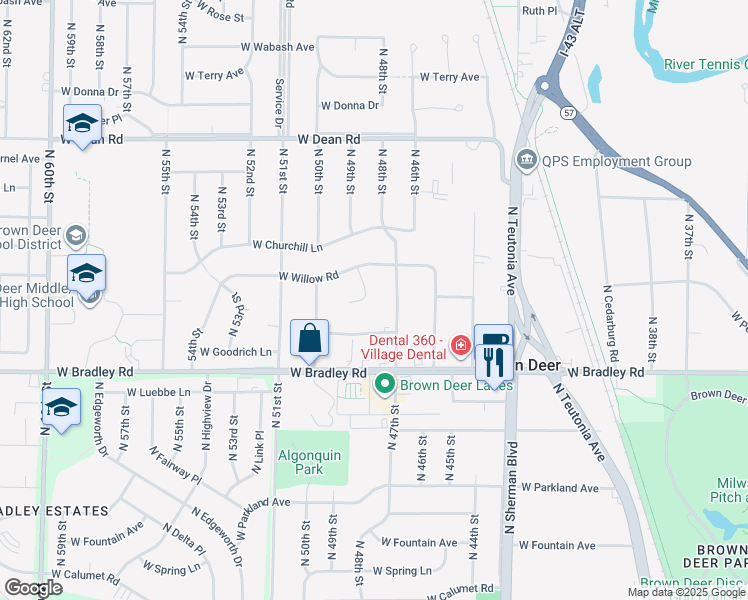 map of restaurants, bars, coffee shops, grocery stores, and more near 8104 North Greenview Court in Brown Deer