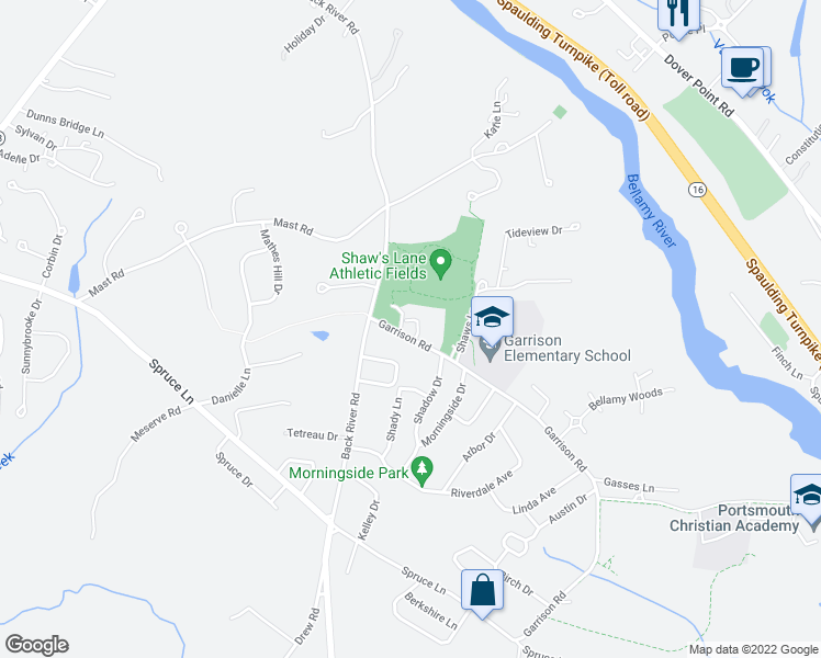 map of restaurants, bars, coffee shops, grocery stores, and more near 18 Garrison Road in Dover