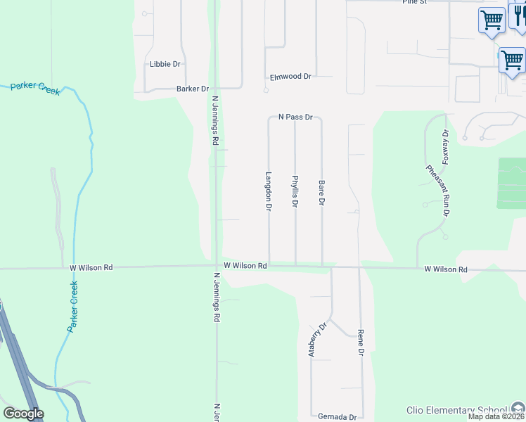 map of restaurants, bars, coffee shops, grocery stores, and more near 11091 Langdon Drive in Clio