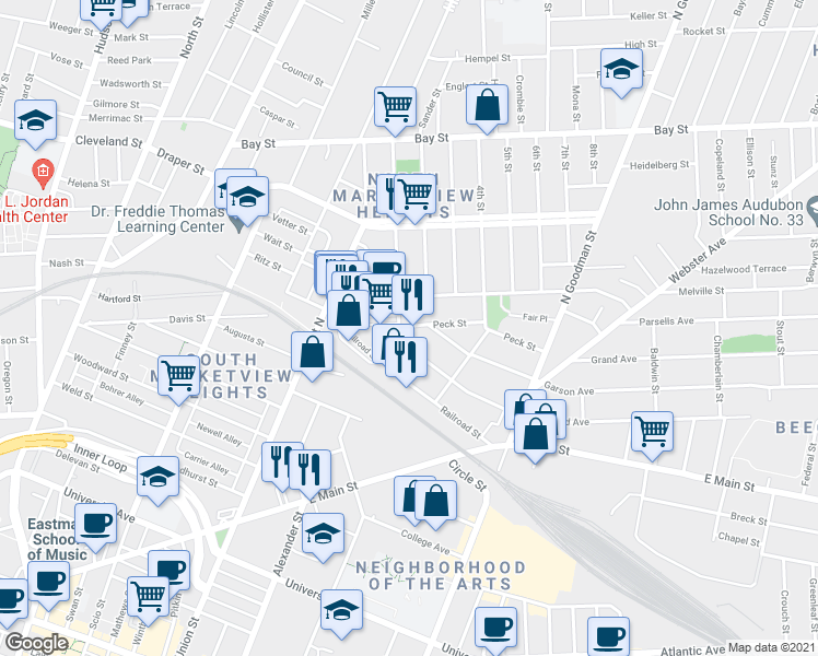 map of restaurants, bars, coffee shops, grocery stores, and more near 193 Peck Street in Rochester