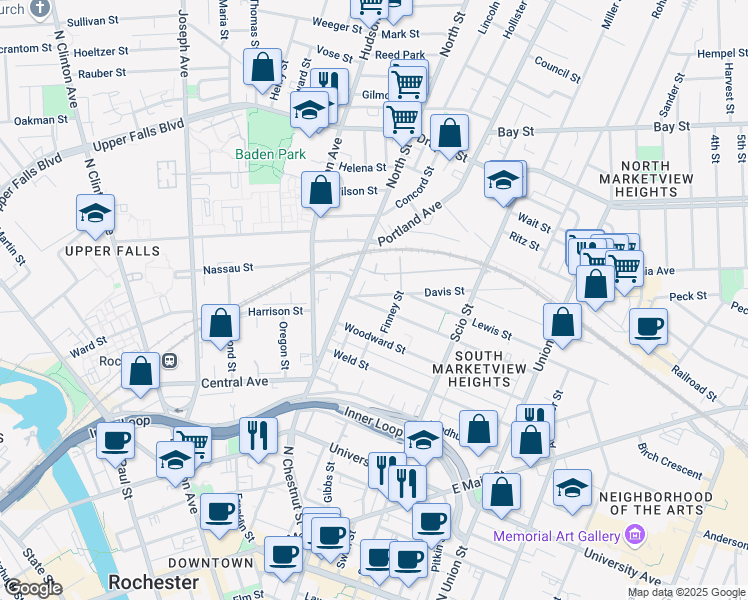 map of restaurants, bars, coffee shops, grocery stores, and more near 14 Ontario Street in Rochester