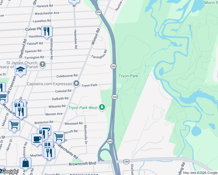 map of restaurants, bars, coffee shops, grocery stores, and more near 177 Tryon Park in Rochester