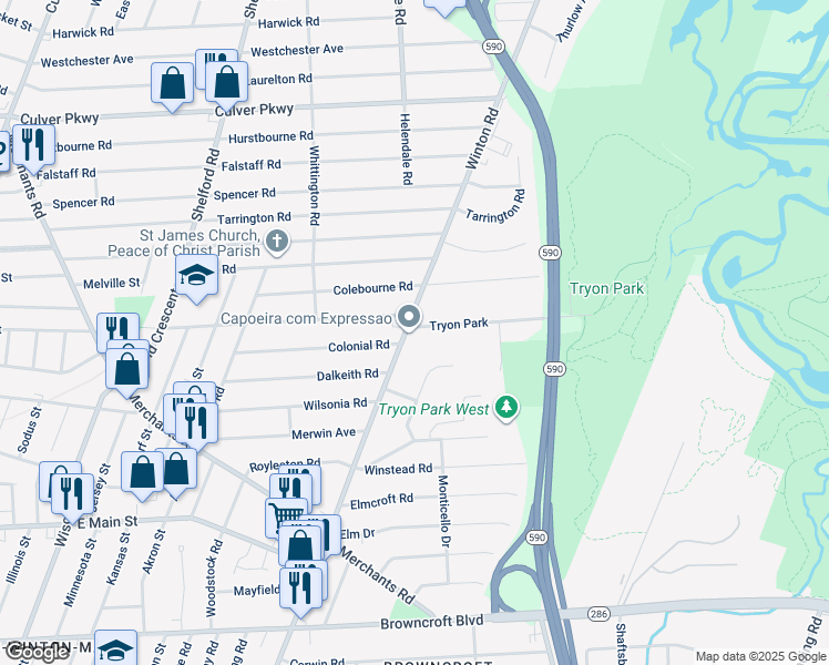 map of restaurants, bars, coffee shops, grocery stores, and more near 5 Tryon Park in Rochester