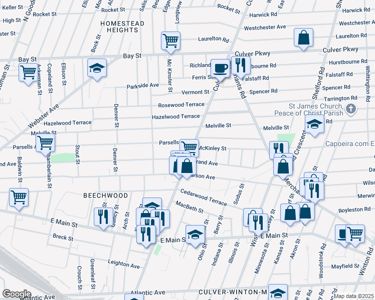 map of restaurants, bars, coffee shops, grocery stores, and more near 1103 Culver Road in Rochester