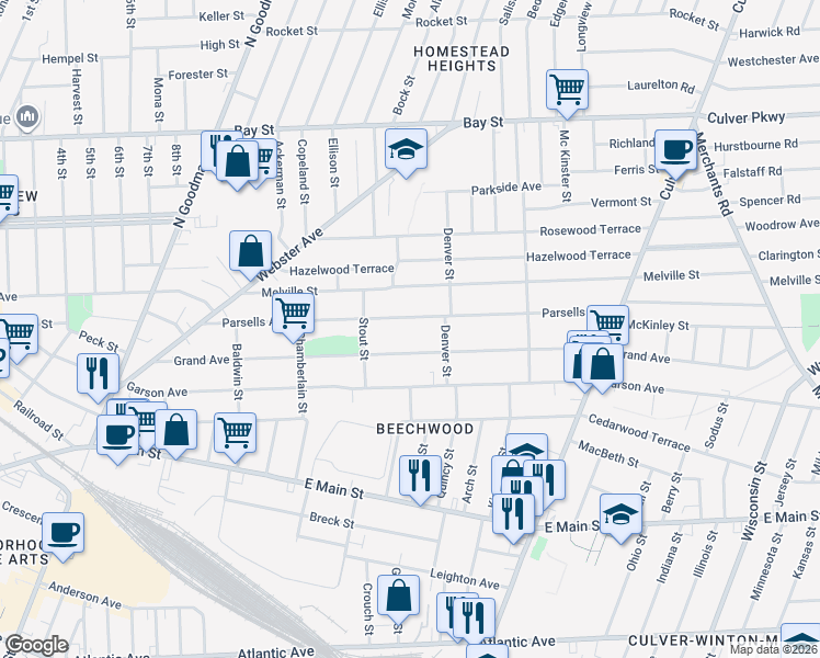 map of restaurants, bars, coffee shops, grocery stores, and more near 285 Parsells Avenue in Rochester