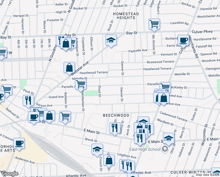 map of restaurants, bars, coffee shops, grocery stores, and more near 285 Parsells Avenue in Rochester