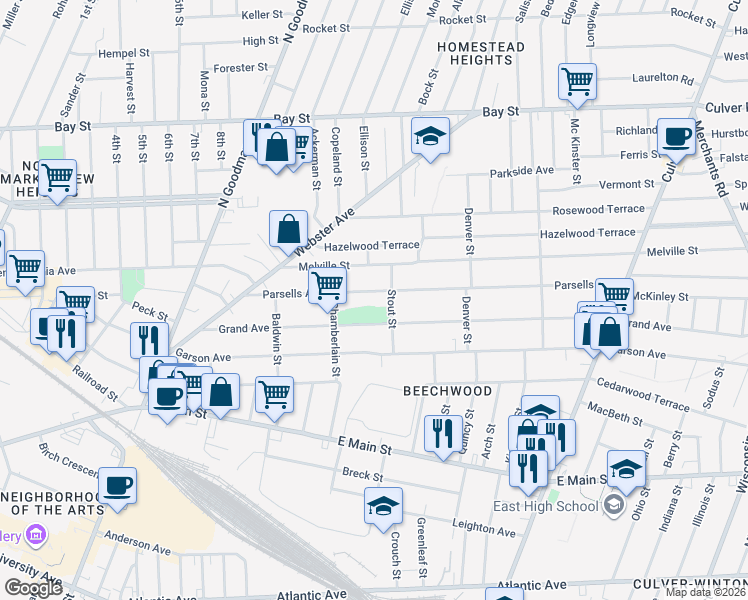 map of restaurants, bars, coffee shops, grocery stores, and more near 185 Parsells Avenue in Rochester