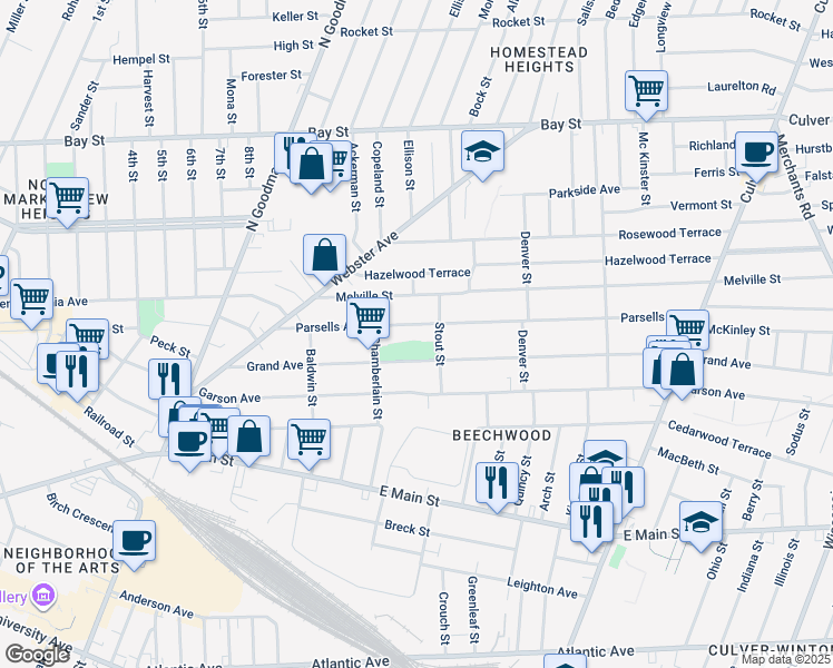 map of restaurants, bars, coffee shops, grocery stores, and more near 185 Parsells Avenue in Rochester