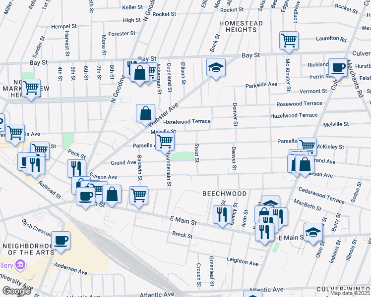 map of restaurants, bars, coffee shops, grocery stores, and more near 185 Parsells Avenue in Rochester