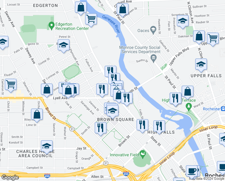 map of restaurants, bars, coffee shops, grocery stores, and more near 46 Lake Avenue in Rochester