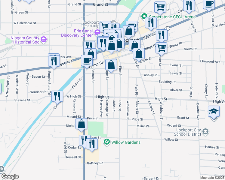 map of restaurants, bars, coffee shops, grocery stores, and more near 149 Cottage Street in Lockport