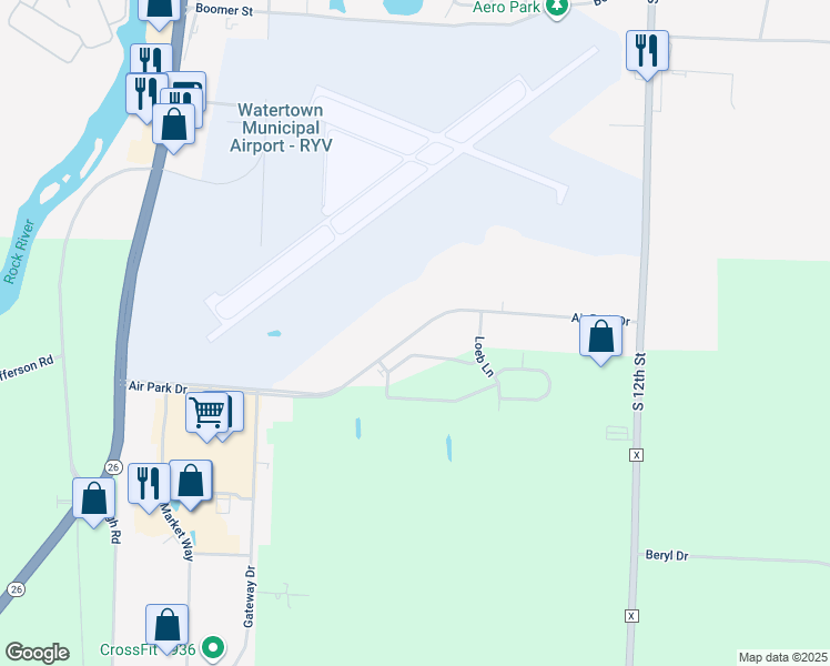 map of restaurants, bars, coffee shops, grocery stores, and more near 218 Air Park Drive in Watertown