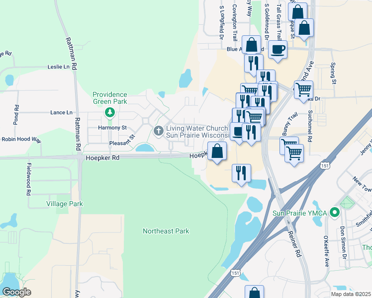 map of restaurants, bars, coffee shops, grocery stores, and more near 1243 Prospect Commons in Sun Prairie