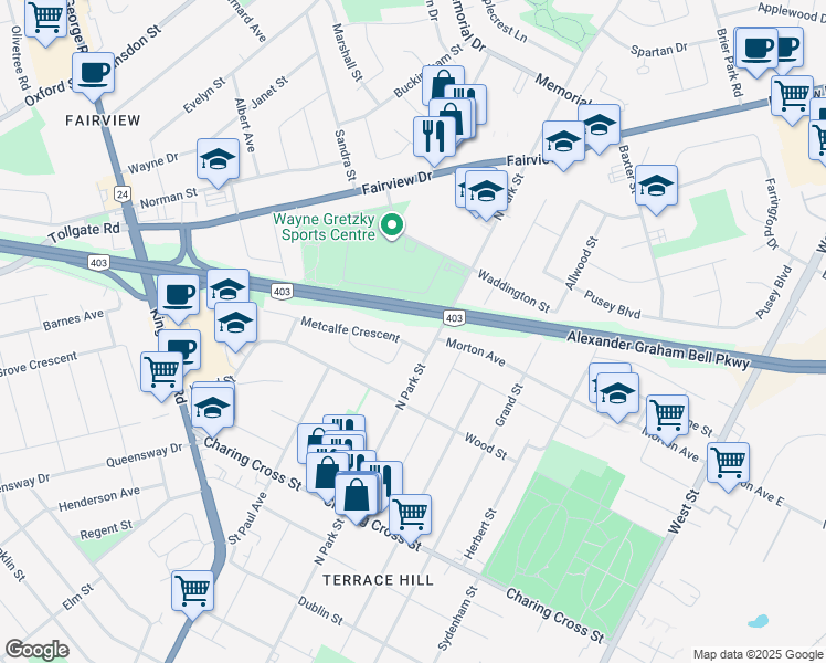 map of restaurants, bars, coffee shops, grocery stores, and more near 67 Metcalfe Crescent in Brantford