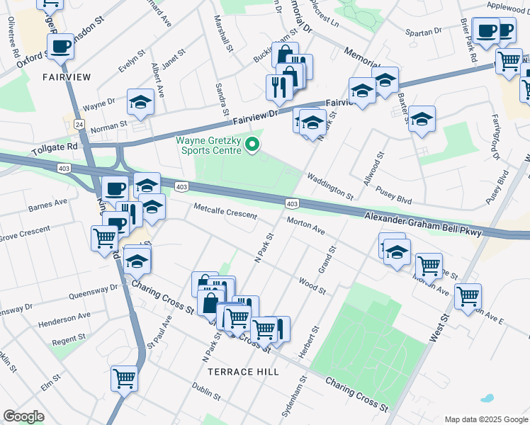 map of restaurants, bars, coffee shops, grocery stores, and more near 63 Metcalfe Crescent in Brantford