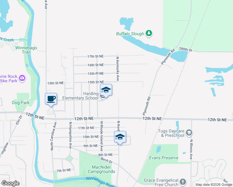 map of restaurants, bars, coffee shops, grocery stores, and more near 957 14th Pl NE in Mason City