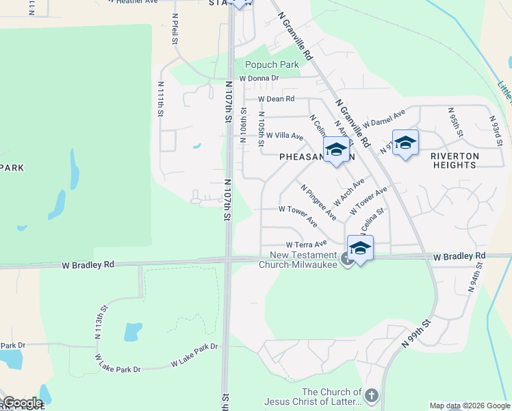 map of restaurants, bars, coffee shops, grocery stores, and more near 8105 North 105th Street in Milwaukee