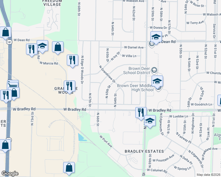 map of restaurants, bars, coffee shops, grocery stores, and more near 8100 North 65th Street in Brown Deer