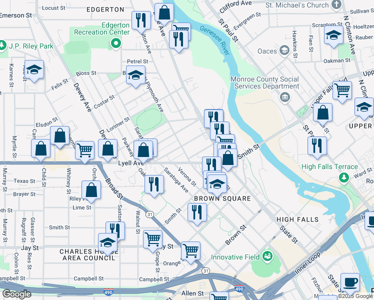map of restaurants, bars, coffee shops, grocery stores, and more near 724 Plymouth Avenue in Rochester
