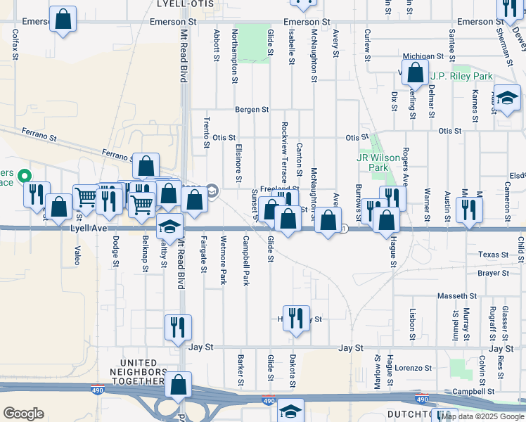 map of restaurants, bars, coffee shops, grocery stores, and more near 701 Glide Street in Rochester