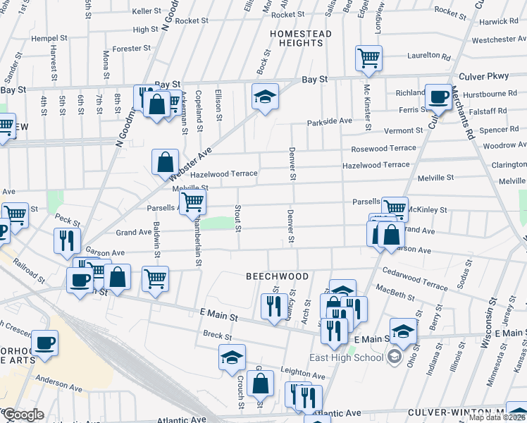 map of restaurants, bars, coffee shops, grocery stores, and more near 285 Parsells Avenue in Rochester
