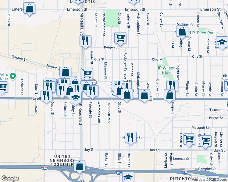 map of restaurants, bars, coffee shops, grocery stores, and more near 46 Sunset Street in Rochester