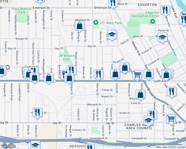 map of restaurants, bars, coffee shops, grocery stores, and more near 8 Austin Street in Rochester