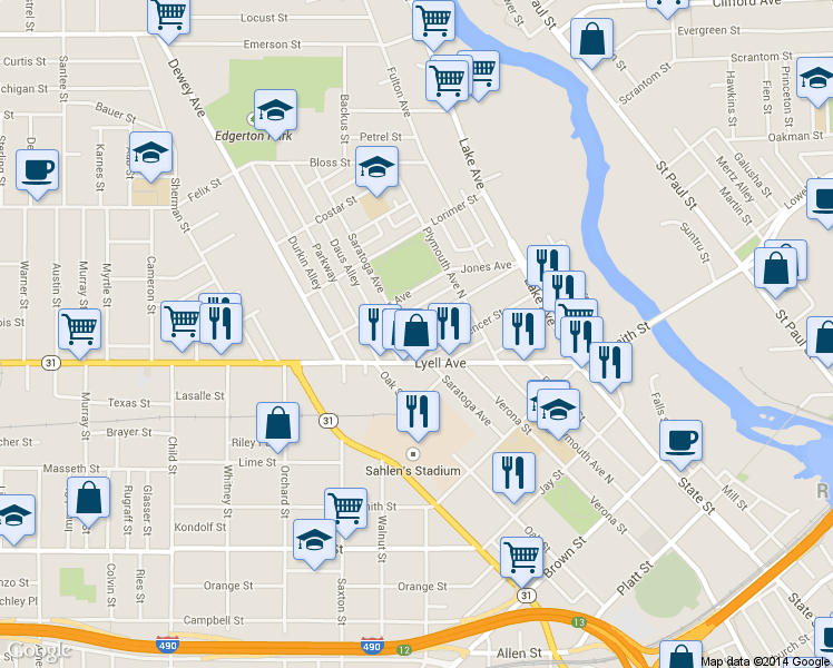 map of restaurants, bars, coffee shops, grocery stores, and more near 119 Ambrose Street in Rochester