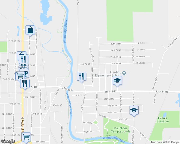 map of restaurants, bars, coffee shops, grocery stores, and more near 1422 North Carolina Place in Mason City