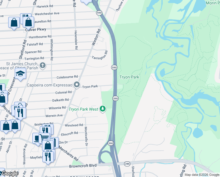 map of restaurants, bars, coffee shops, grocery stores, and more near 177 Tryon Park in Rochester