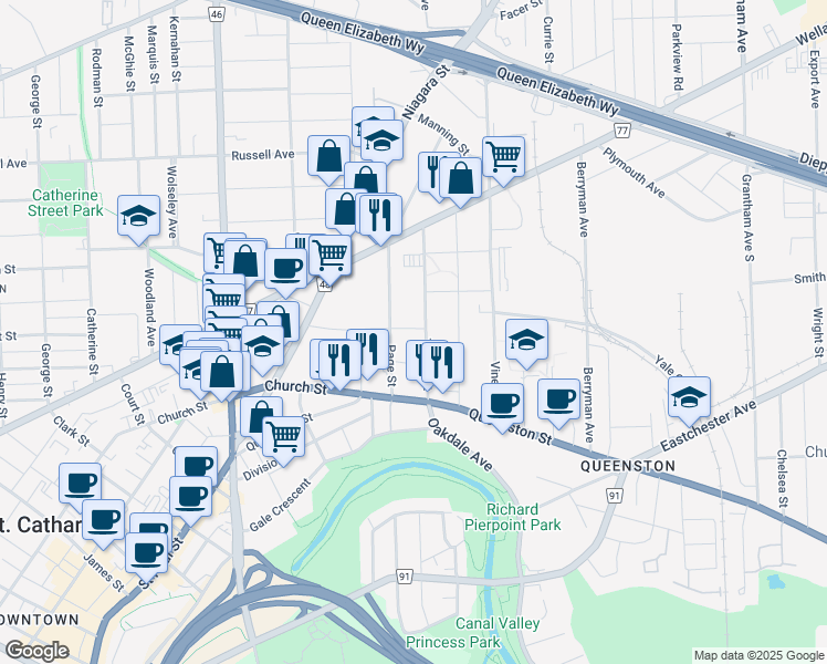 map of restaurants, bars, coffee shops, grocery stores, and more near 50 Davidson Street in St. Catharines