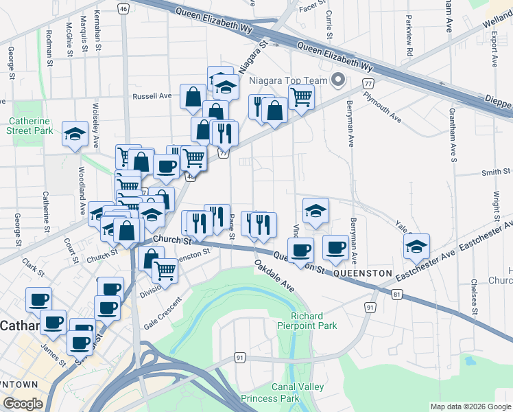 map of restaurants, bars, coffee shops, grocery stores, and more near 28 Tasker Street in St. Catharines